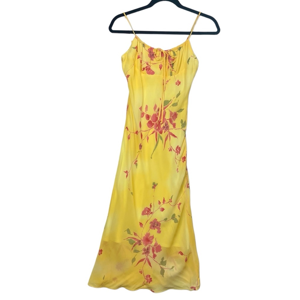 Vintage Y2K Yellow Babydoll Column Midi Dress Bow Front Floral Print Sz Med